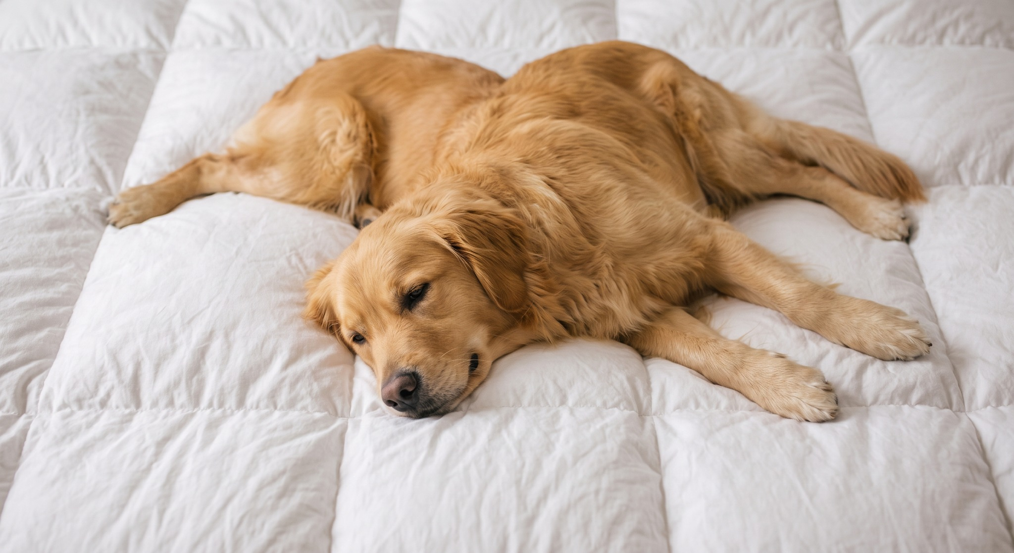 Golden retriever resting comfortably on bedding
