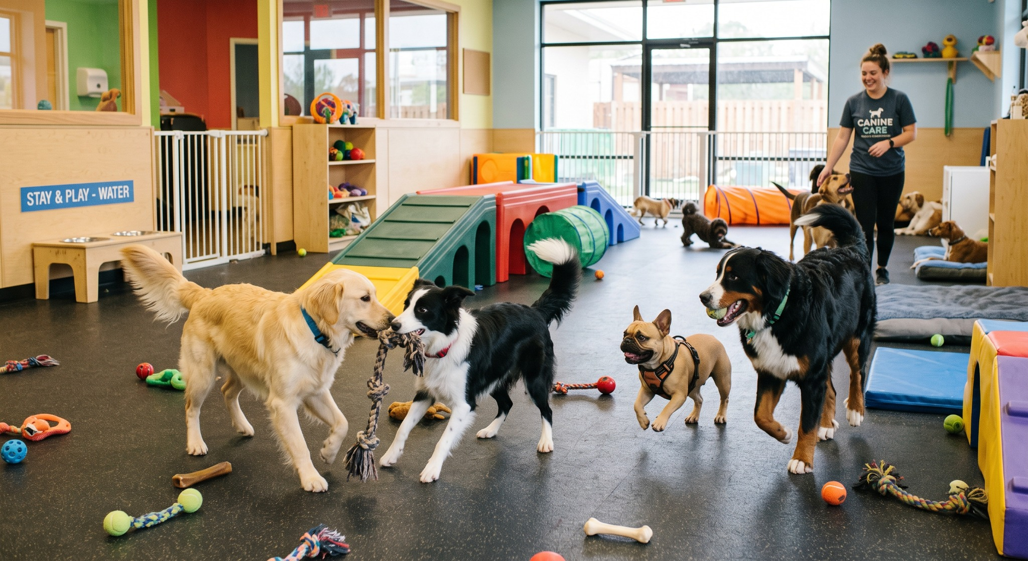 Dogs socializing in indoor daycare
