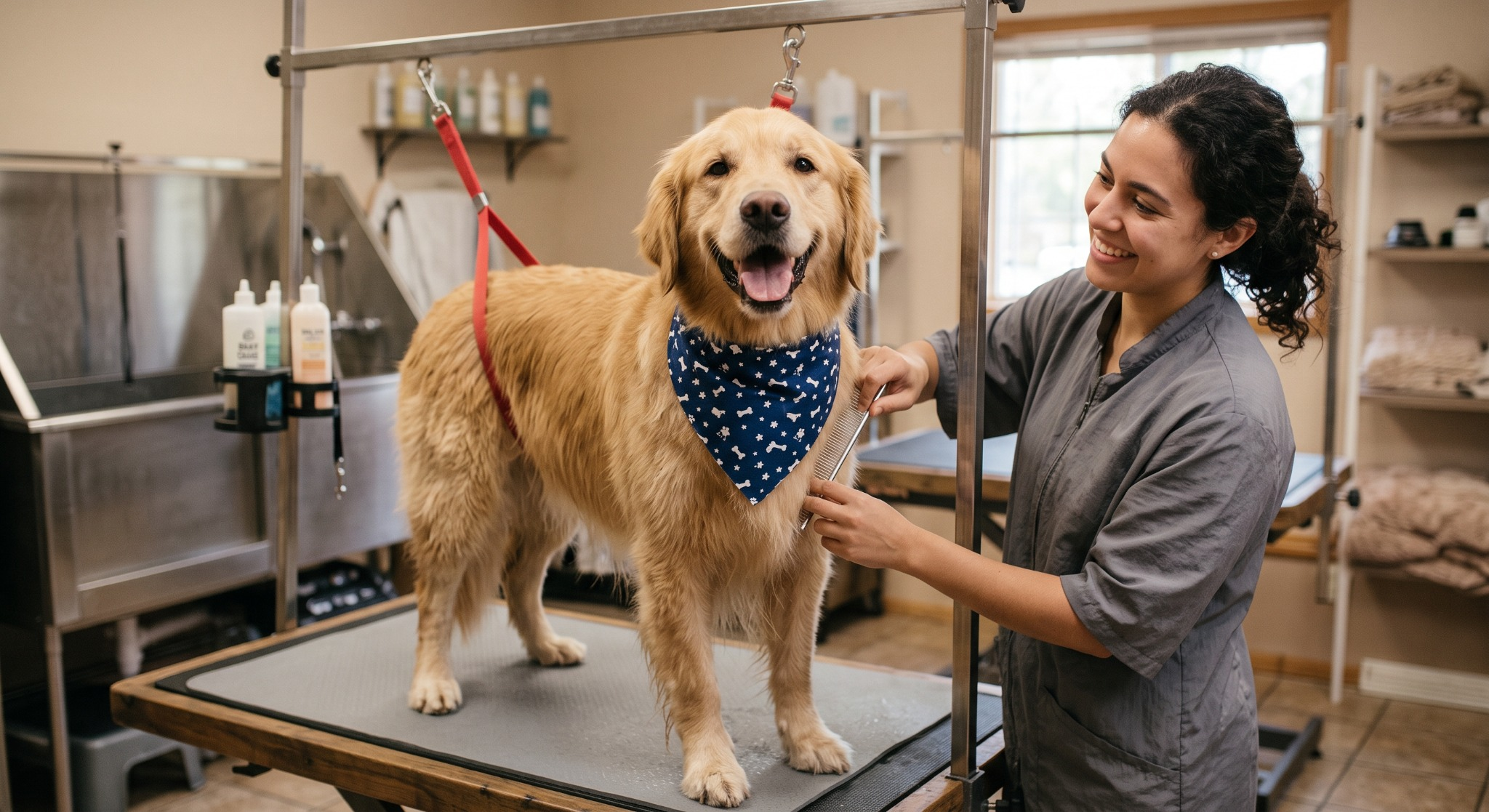 Golden retriever being professionally groomed