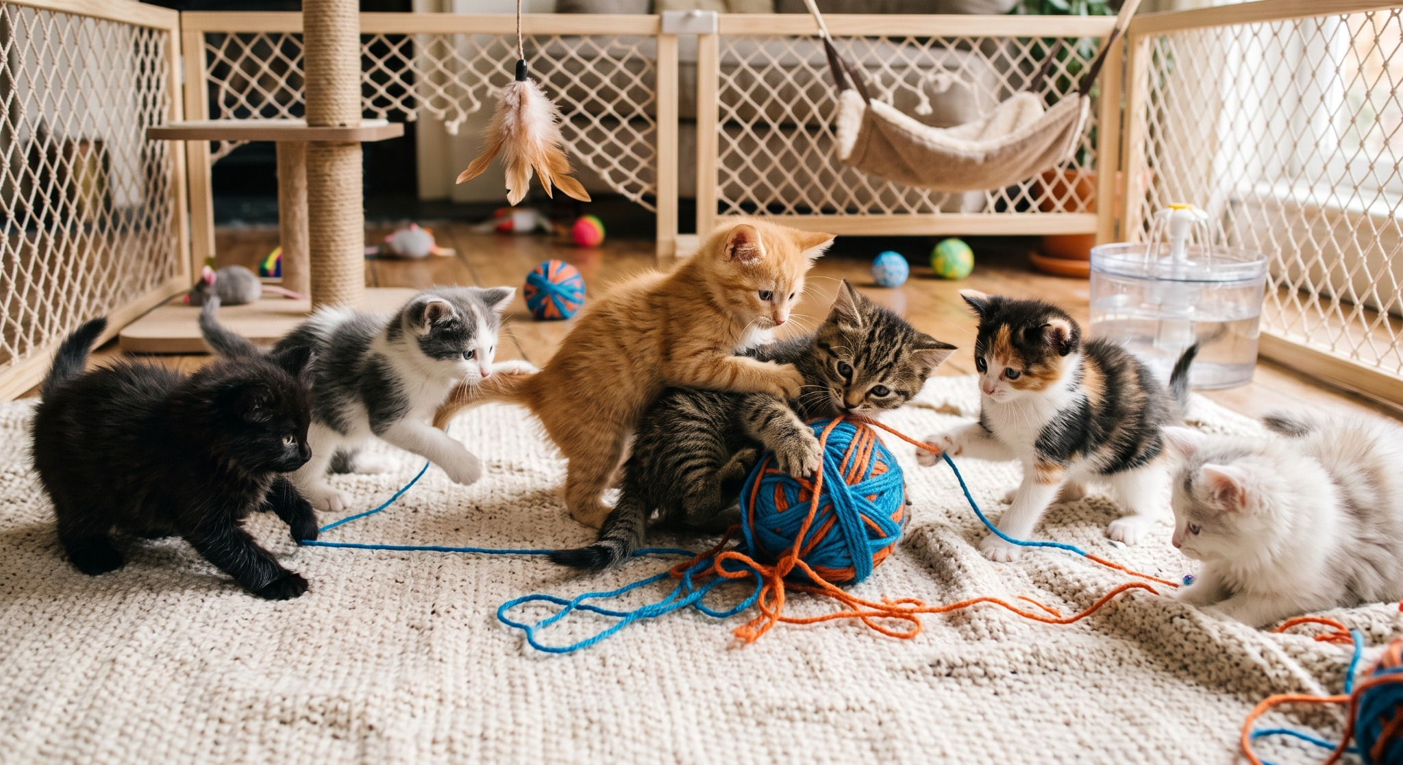 Kittens playing in a safe cat area